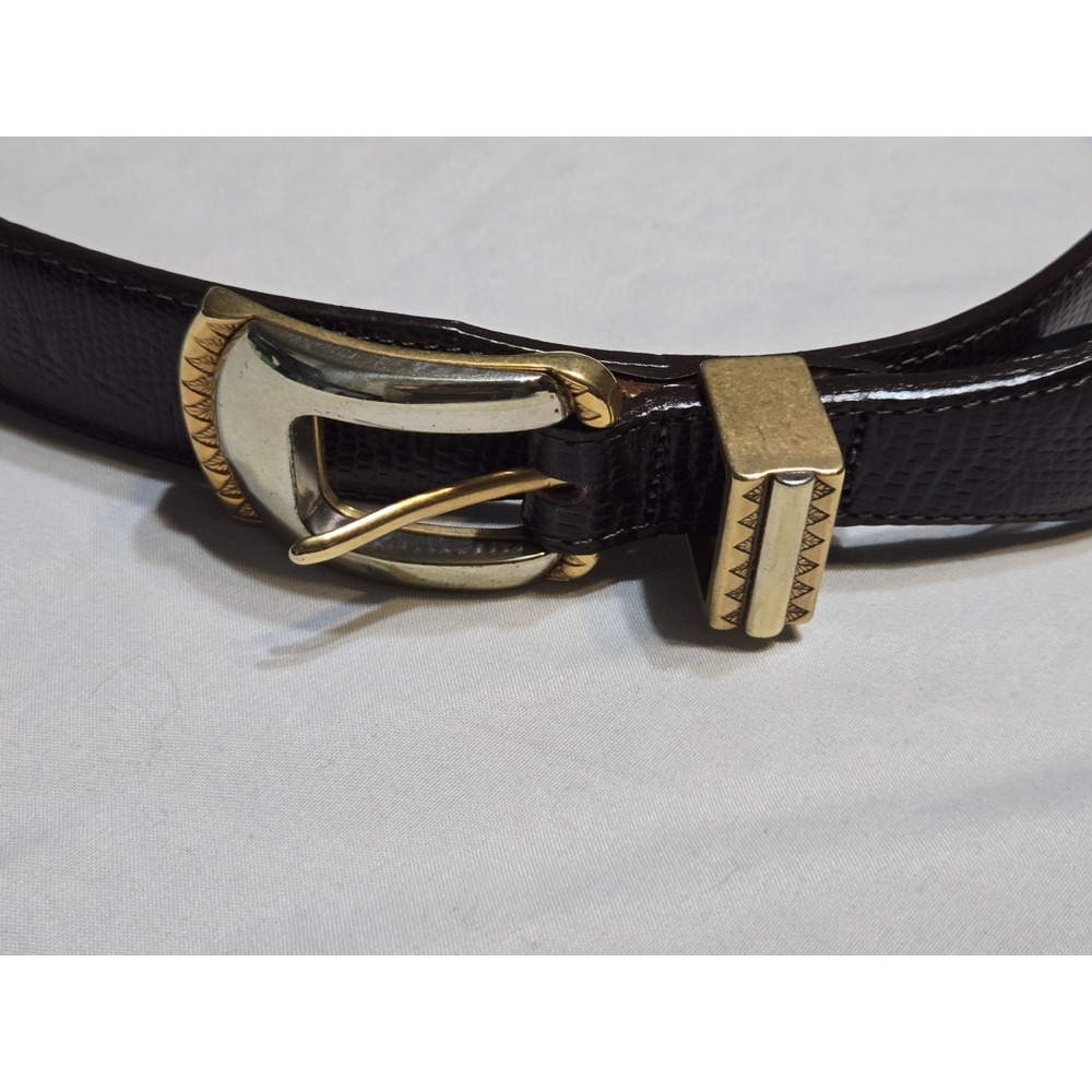 Vtg ONYX by Brighton Leather Belt Size 30 Brown Reptile Mixed Metal Buckle 13609